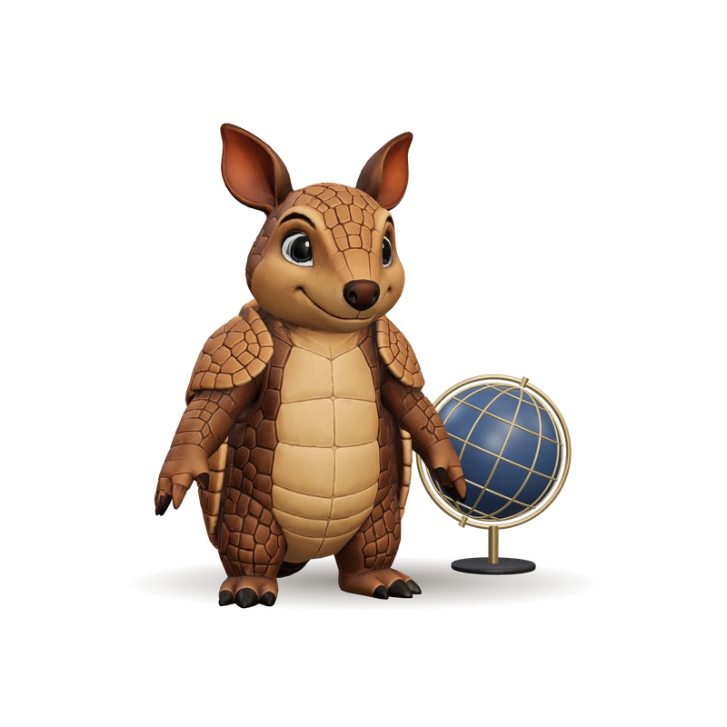 Paco, die Figur von Kunz Global: ein freundliches Gürteltier neben einem Globus.